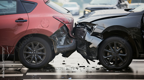 Accident between two cars. Cars stand next to each other, side view. Bumpers damaged