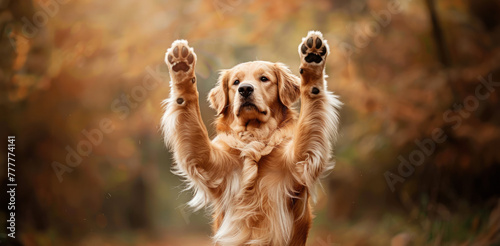 Golden retriever standing with its paws up in the air, autumn park brown background