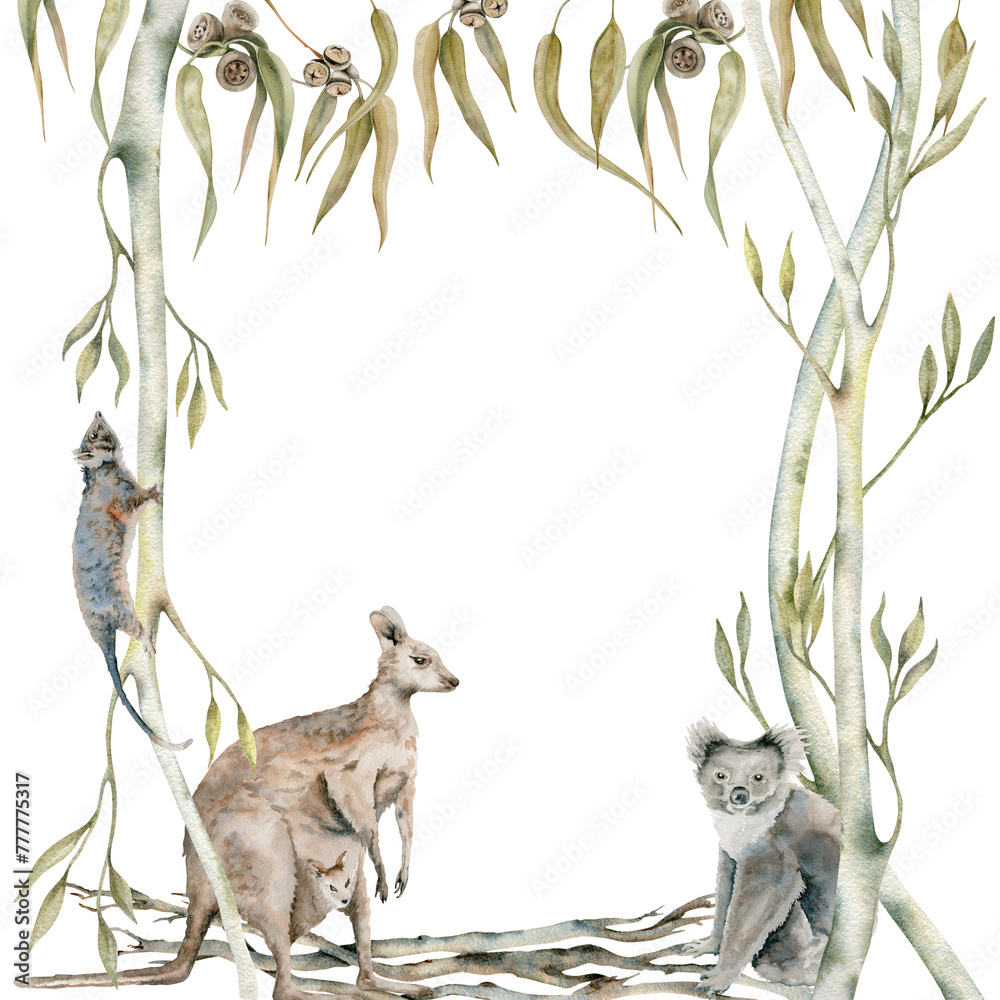 Ταπετσαρία Koala and kangaroo postcard with possum on gum tree decorated with eucalyptus leaves