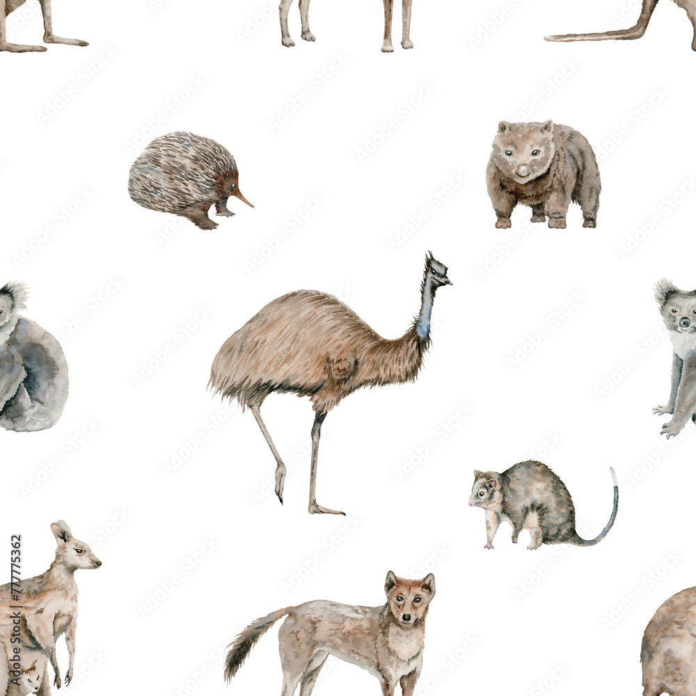 Emu and kangaroo seamless pattern with dingo and possum. Koala and wombat watercolor illustration. Australian native animals background. Hand drawn wildlife for surface design, wallpaper, textile. Emu and kangaroo seamless pattern with dingo and possum. Koala and wombat watercolor illustration. Australian native animals background. Hand drawn wildlife for surface design, wallpaper, textile.