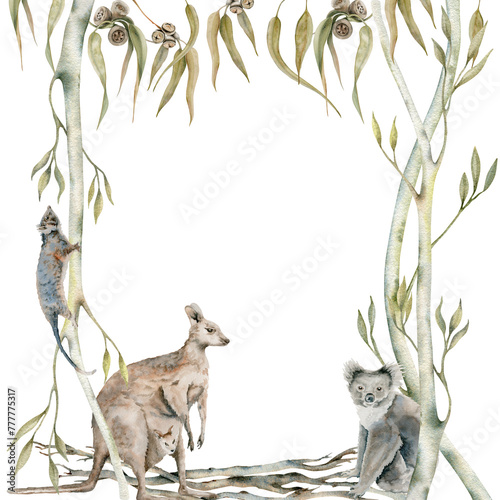Canvas Print Koala and kangaroo postcard with possum on gum tree decorated with eucalyptus leaves