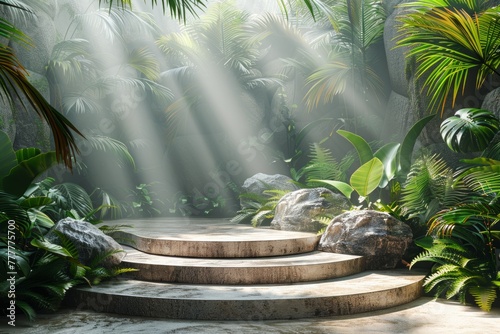 Summer podium with tropical leaves