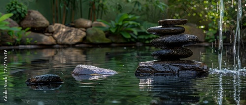 Zen stone arrangement on a reflective pond in a lush garden, with water gently streaming down, adding to the serene ambience