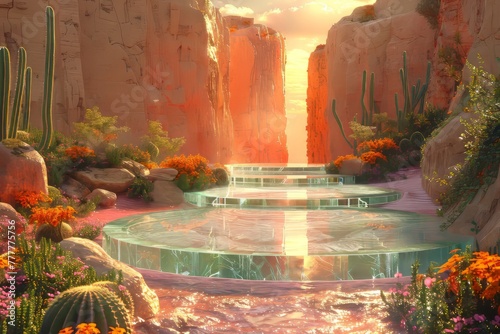 Podium is made of orange glass on a background of cacti.