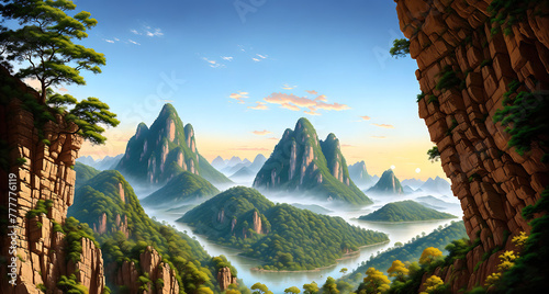 A scenic view of a mountainous landscape with lush green forests, rocky cliffs, and a river flowing through the valley.