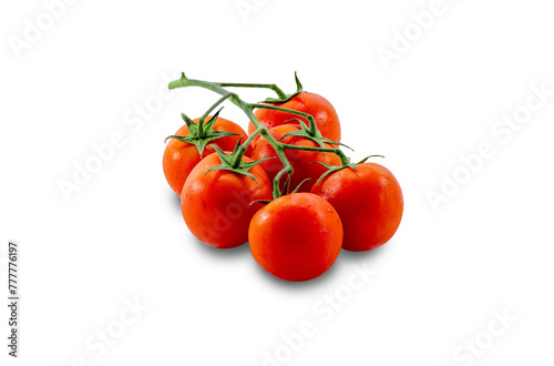 group of six ripe red tomatoes on a branch