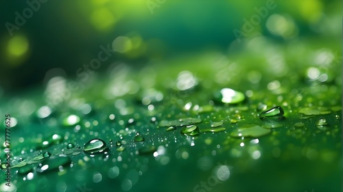 Water droplets on an abstract green background with bokeh defocused lighting