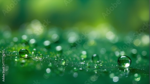 Water droplets on an abstract green background with bokeh defocused lighting