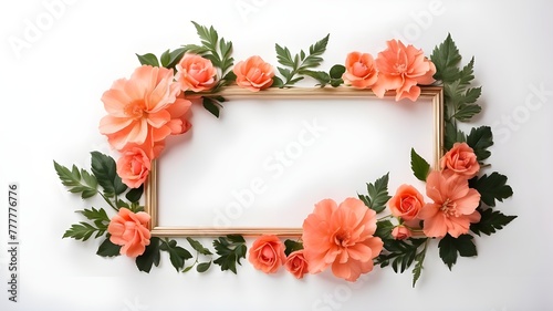 A narrow, hardly perceptible coral flower frame with isolated leaves set against a white background design with copy space