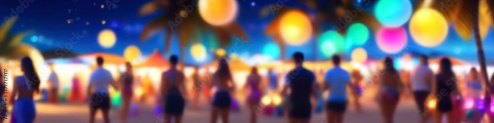 Abstract midsummer colorful illustration of beach party, bokeh blurred background for social media banner, website and for your design, space for text	