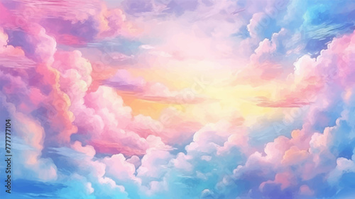 Beautiful colorful serene pastel blue pink and yellow sky with clouds. Colorful sunrise or sunset. Wide Panoramic view illustration.