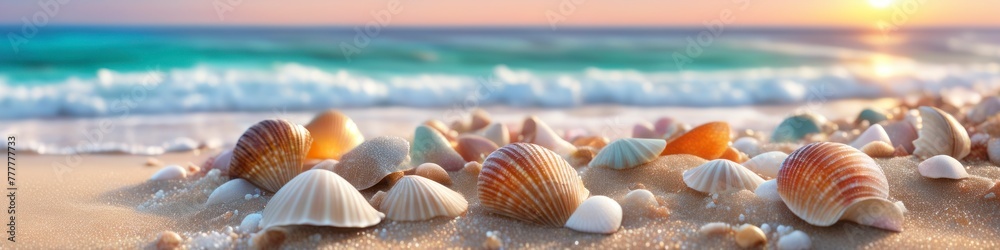 Abstract midsummer illustration of seashell on the seashore or ocean. Abstract background for design, place for text.	