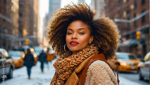 Beautiful stylish African American girl on a city street in winter