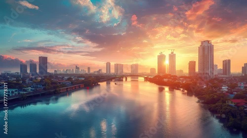 big river acros the city view with a lot of high rise building big briges and small residential area with animated morning cloudy sky movement loop video photo