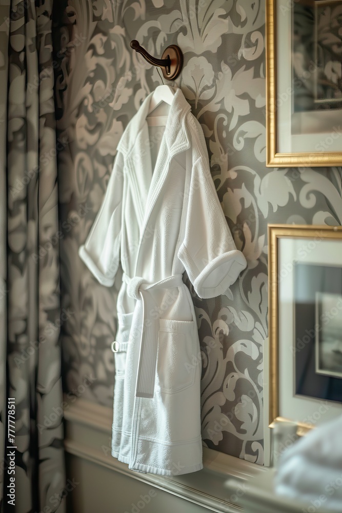 white hotel robe hanging on the wall in the hotel