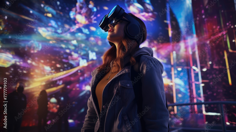 Portrait of girl wearing VR headset in colourful neon light, in futuristic world. Explores the metaverse's virtual space. Virtual reality and future technology concept. Portrait of girl wearing VR headset in colourful neon light, in futuristic world. Explores the metaverse's virtual space. Virtual reality and future technology concept.
