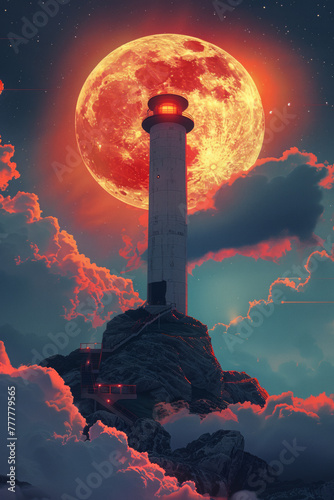 Surreal Lighthouse with Giant Moon on Cloudy Night