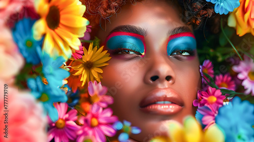 Beautiful Black Woman Surrounded by Colorful Flowers in Vibrant Style