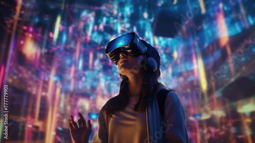 Portrait of girl wearing VR headset in colourful neon light, in futuristic world. Explores the metaverse's virtual space. Virtual reality and future technology concept.