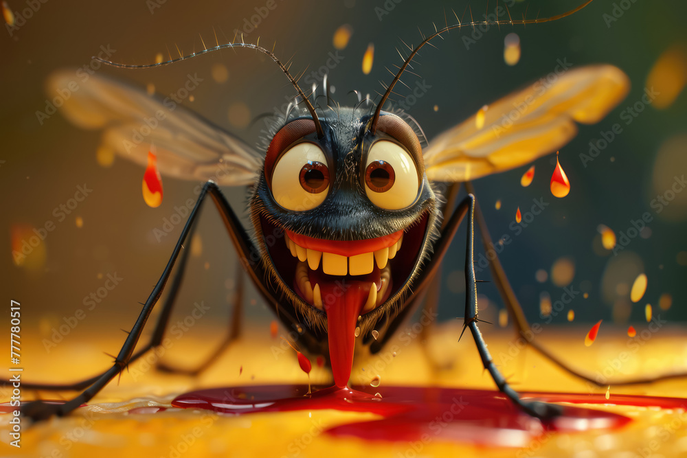 cartoon mosquito character smiling with blood drop on honey background, three dimensional  - obrazy, fototapety, plakaty 