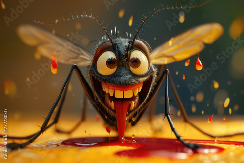 cartoon mosquito character smiling with blood drop on honey background, three dimensional 