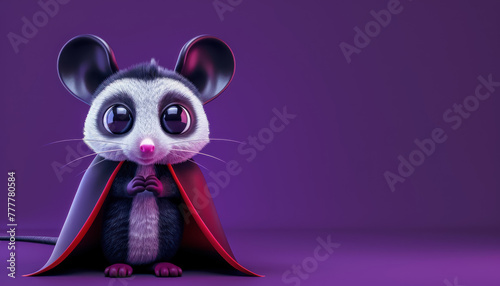 cute cartoon mouse character dressed like dracula on purple background, copy space for text 