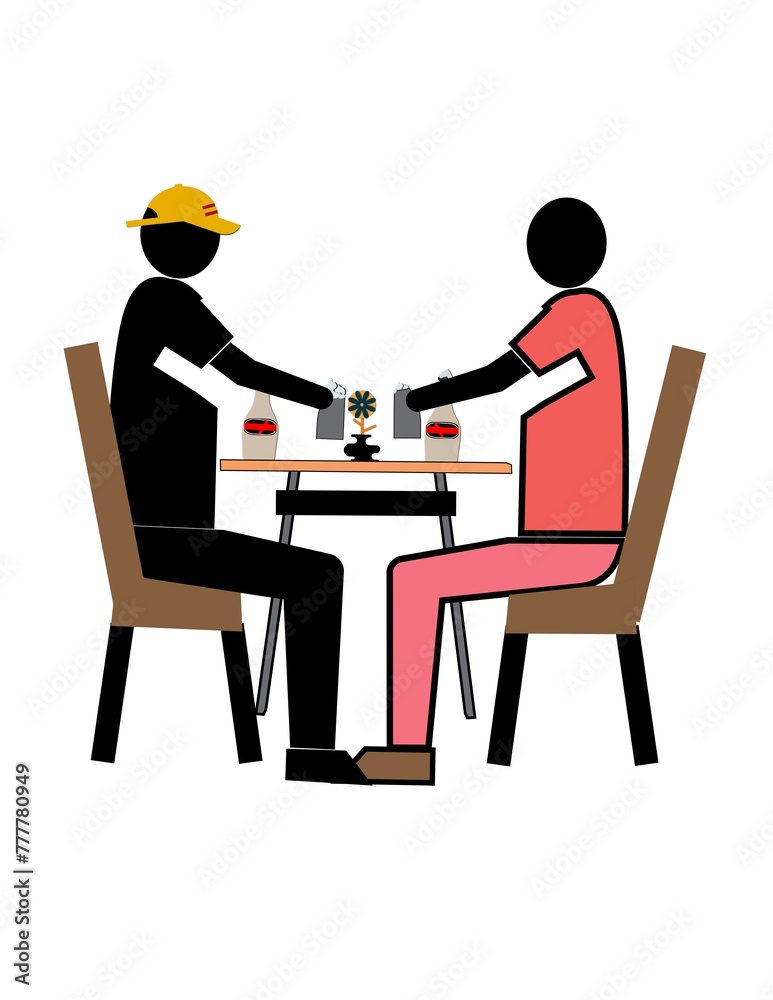Two men sitting at a table with a flower vase in the middle Two men sitting at a table with a flower vase in the middle
