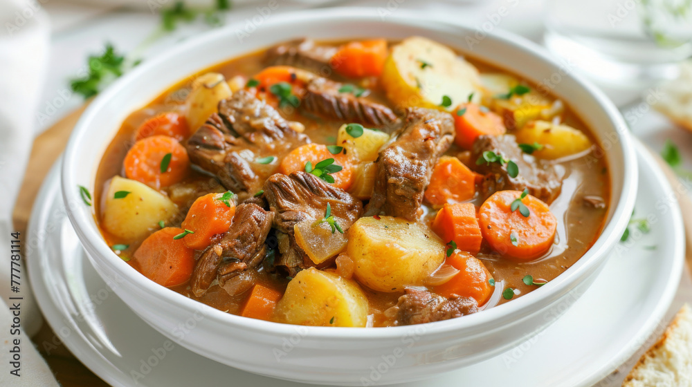 Hearty irish beef stew with vegetables in a white bowl, garnished with parsley