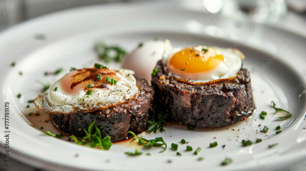 Traditional irish breakfast with black pudding and eggs