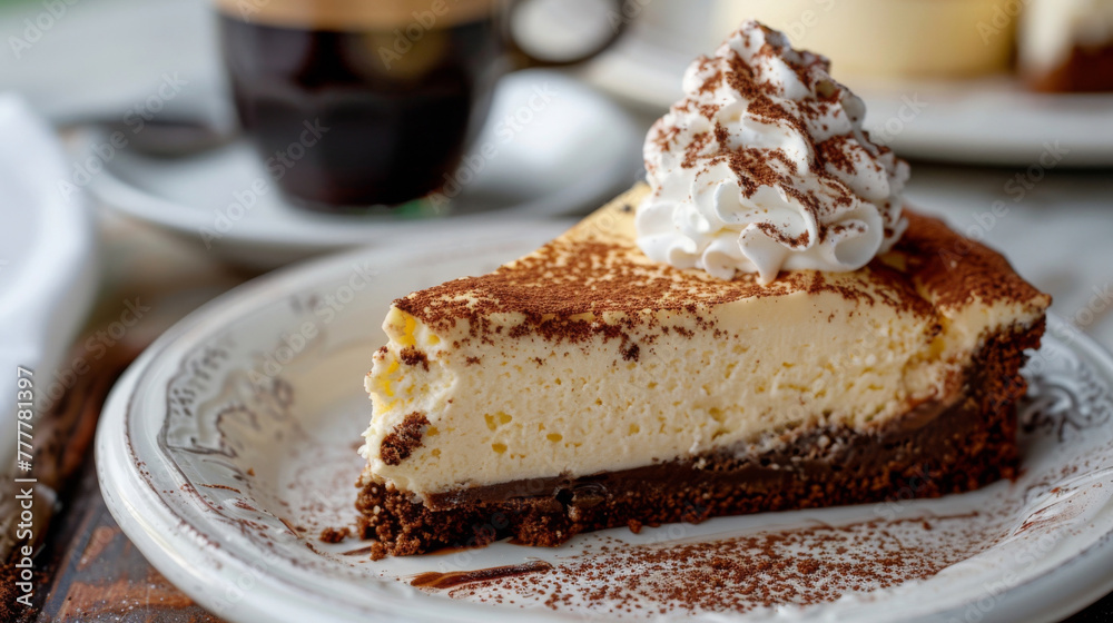 Scrumptious slice of cheesecake with irish cream flavor and whipped cream topping Scrumptious slice of cheesecake with irish cream flavor and whipped cream topping