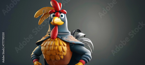 animated superhero rooster character with cape and heroic pose, copy space for text  photo