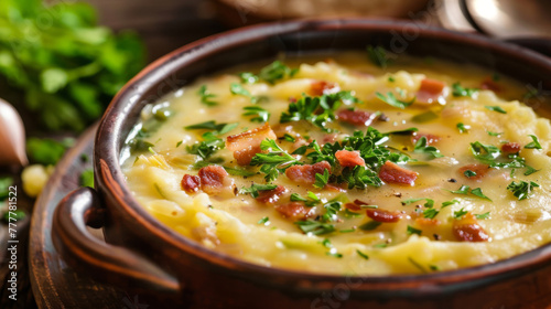 Traditional irish leek and potato soup with bacon