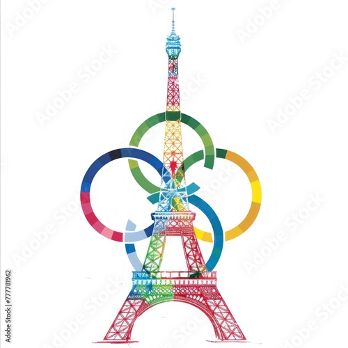 aspect ratio 9:16 Eiffel Tower with the circles of the Paris Olympic Games on a white background in high resolution and high quality. Paris 2024 Olympic Games concept photo