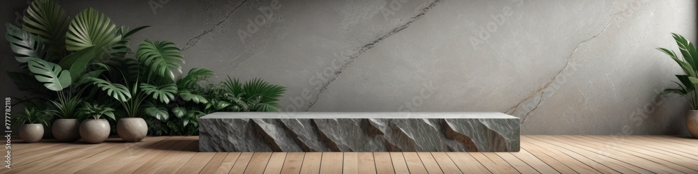 Natural gray stone and natural wood podium against a light stone wall with side light, decorated with tropical green plants. Background and empty display case for product presentation.	