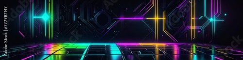 Futuristic technology banner, background, neon lines, glow, cyberpunk style, template for design, space for text 