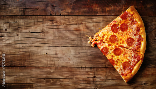  two cheesy pepperoni pizza slices on rustic wooden background