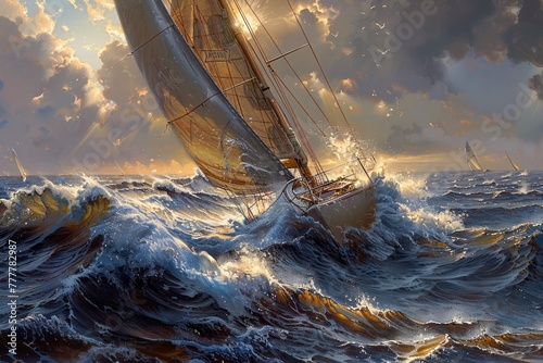 Majestic Sailing Ship Braving the Turbulent Sea Waves at Golden Sunset, Nautical Adventure Concept