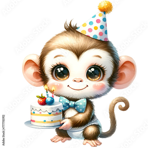 Cute mokey with birthday cake photo