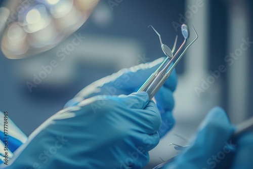 A serene image of a dentist's gloved hands gently cradling examination tools, soft focus, pastel tones, evoking a sense of comfort and trust