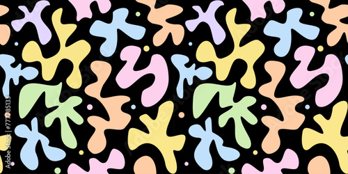 Fun bright color seamless pattern for wrapping paper, flyer, poster, cover design, sticker and toys. Colorful childish doodle wallpaper print. Retro hippie design. 