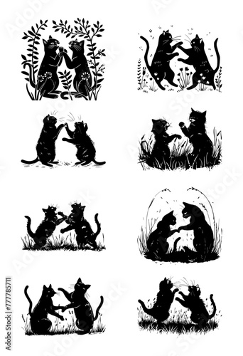 Series of black and white vector illustrations of cats in playful and affectionate poses