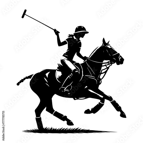 Polo player: Dynamic silhouette of a female polo player in action on horseback, black and white vector illustration