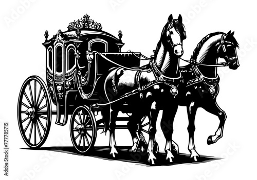 Vintage horse-drawn carriage in detailed black vector illustration, regal transport depiction