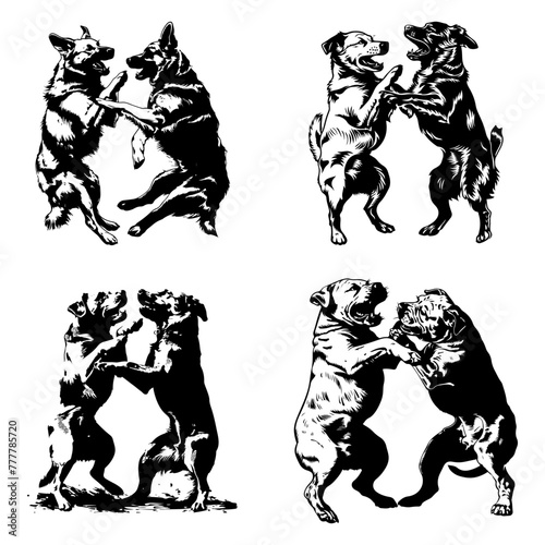 Set of black and white vector illustrations showing playful dogs dancing and enjoying themselves