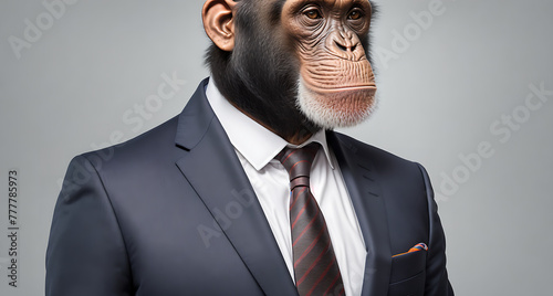 A monkey wearing a suit and tie standing in front of a gray background. photo