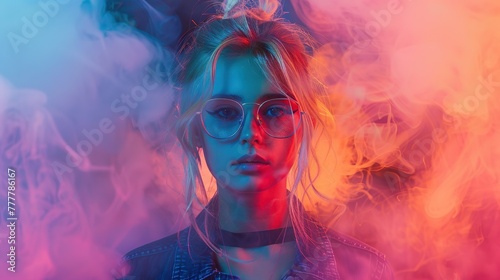 Amidst the surreal ambiance of neon lights and billowing smoke  a trendy young girl with blond hair and glasses exudes confidence  real photo  stock photography ai generative high quality images