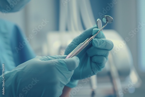 A serene image of a dentist's gloved hands gently cradling examination tools, soft focus, pastel tones, evoking a sense of comfort and trust