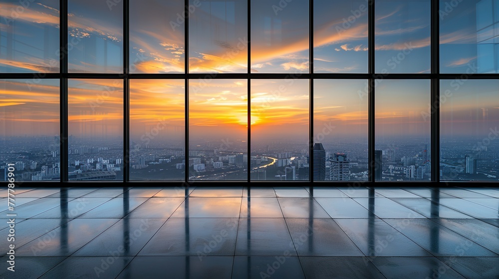 Fototapeta premium Luxury office with high ceilings and spacious windows overlooking the city skyline at sunset
