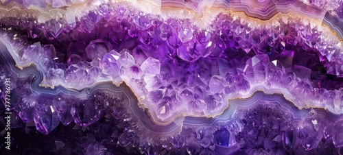 Vibrant purple amethyst geode rock  sparkling and lustrous crystals inside with striking textures and natural patterns