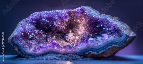 Vibrant purple amethyst geode rock, sparkling and lustrous crystals inside with striking textures and natural patterns